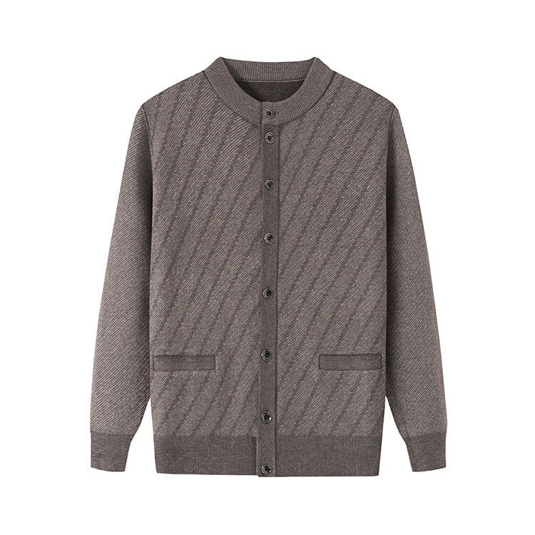Autumn and Winter Middle-Aged Men's Dad's Round Neck Stripesd Cardigan Fleece-Lined Thickeneded Knitwear Middle-Aged and Elderly Grandpa's Clothing