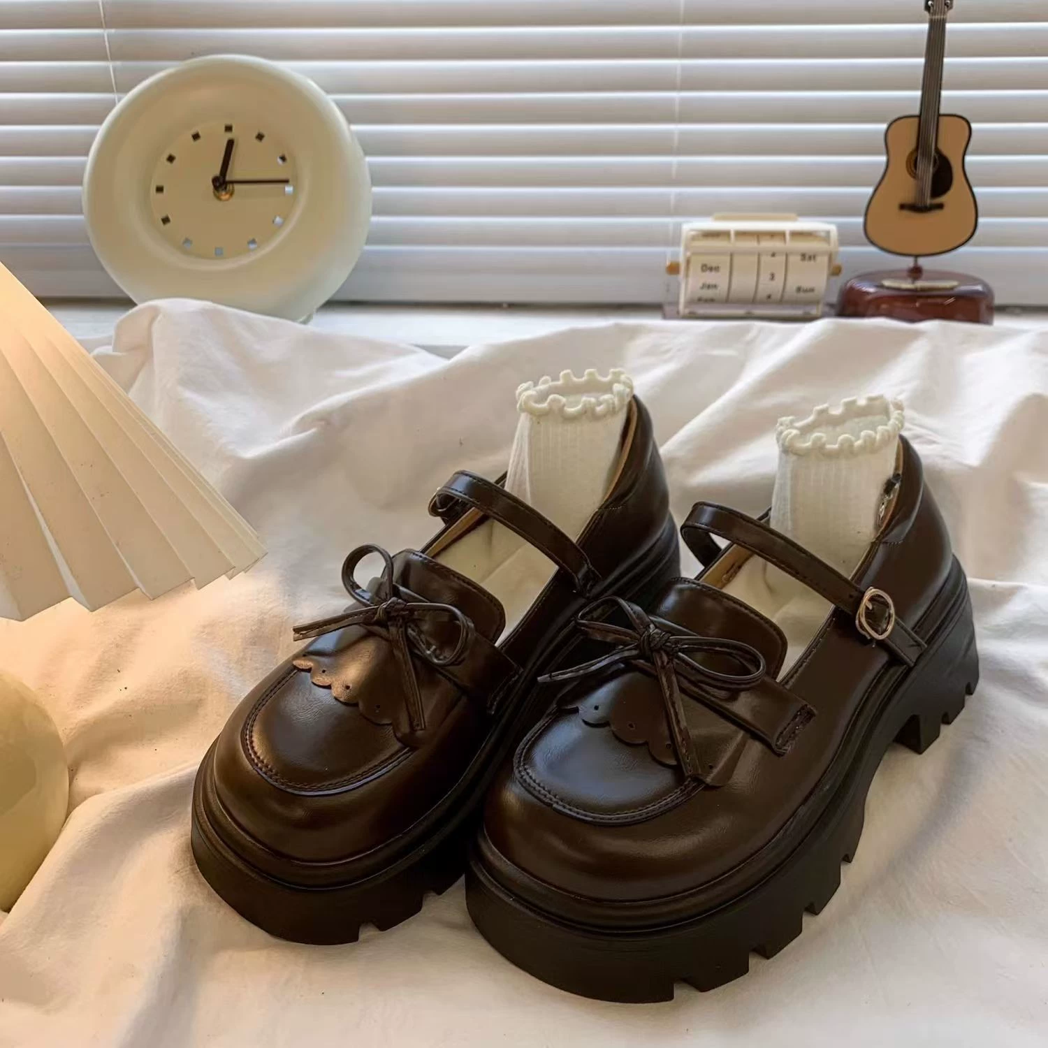 Женские лоферы на платформе, весна 2025, новинка, на толстой подошве, с массивным каблуком, с бантом, в японском стиле, милые туфли Мэри Джейн для женщин