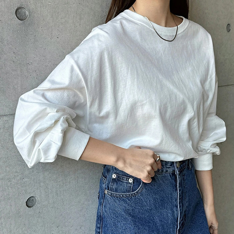 乐天秋季新款女装灯笼袖长袖上衣女 圆领套头宽松休闲百搭纯棉T恤|undefined