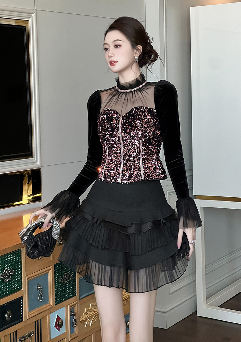 Áo len cổ lọ nữ tay dài đính sequin lưới xuyên thấu dáng ôm — bột màu đen chi tiết 3
