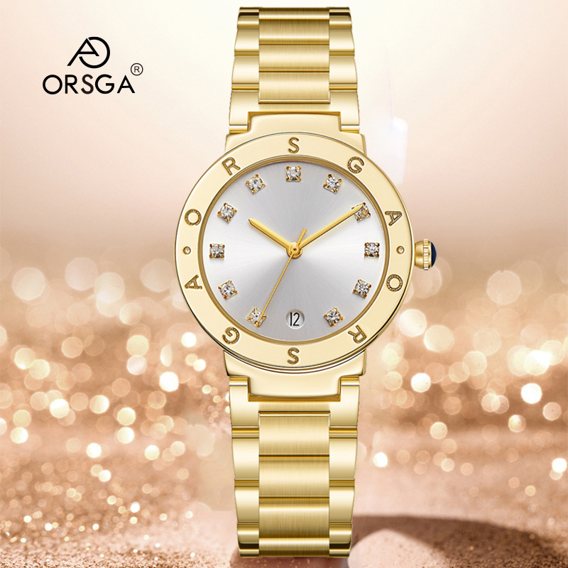 Orsga Fashion Accessible Luxury Women's Watch Diamond Date Manufacturer Live Broadcast Cross-Border Export Steel Band Quartz Watch for Women