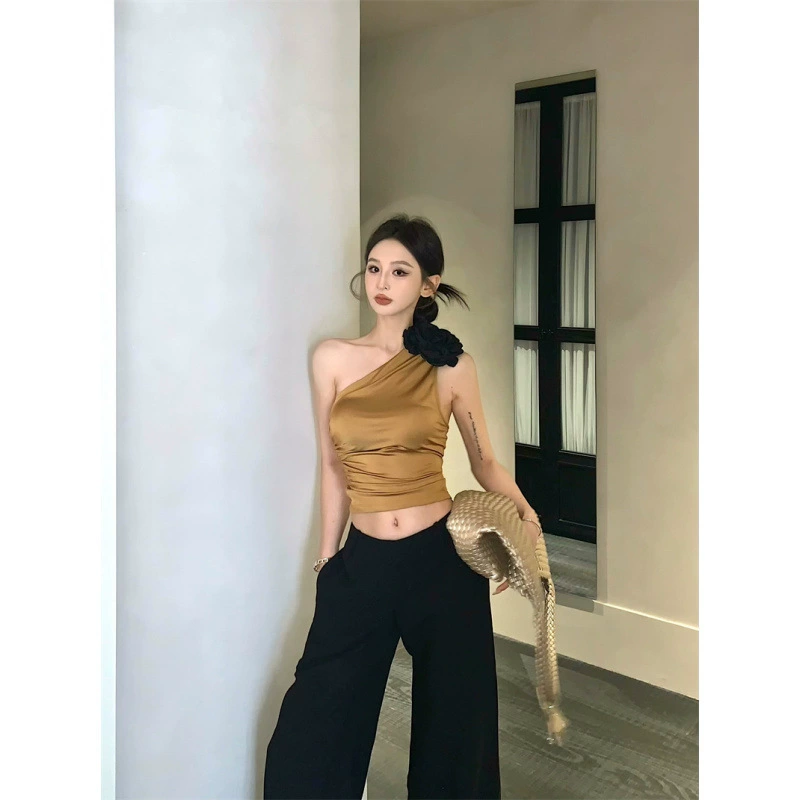 2025 женский дизайн чувство трехмерные цветы косой плечо без рукавов