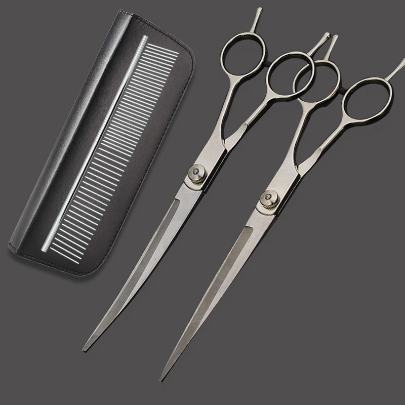 Fábrica directa PET tijeras planas tijeras de 7 pulgadas tijeras de pelo de mascota tijeras corte de pelo curvado belleza tijeras conjunto