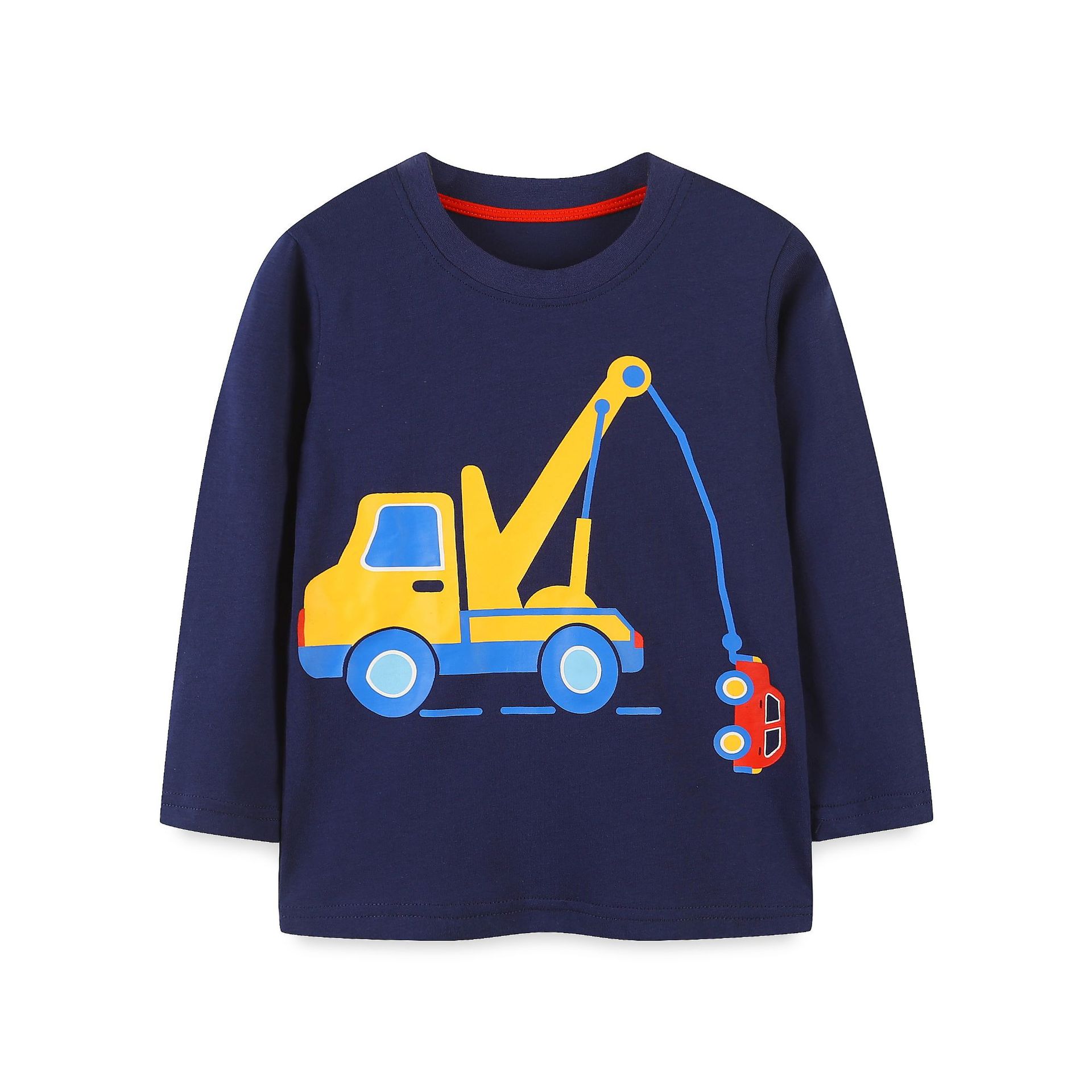 Camiseta de manga larga para niños estilo primavera y otoño con estampado de excavadora, estilo europeo y americano, camiseta básica con cuello redondo para niños pequeños.