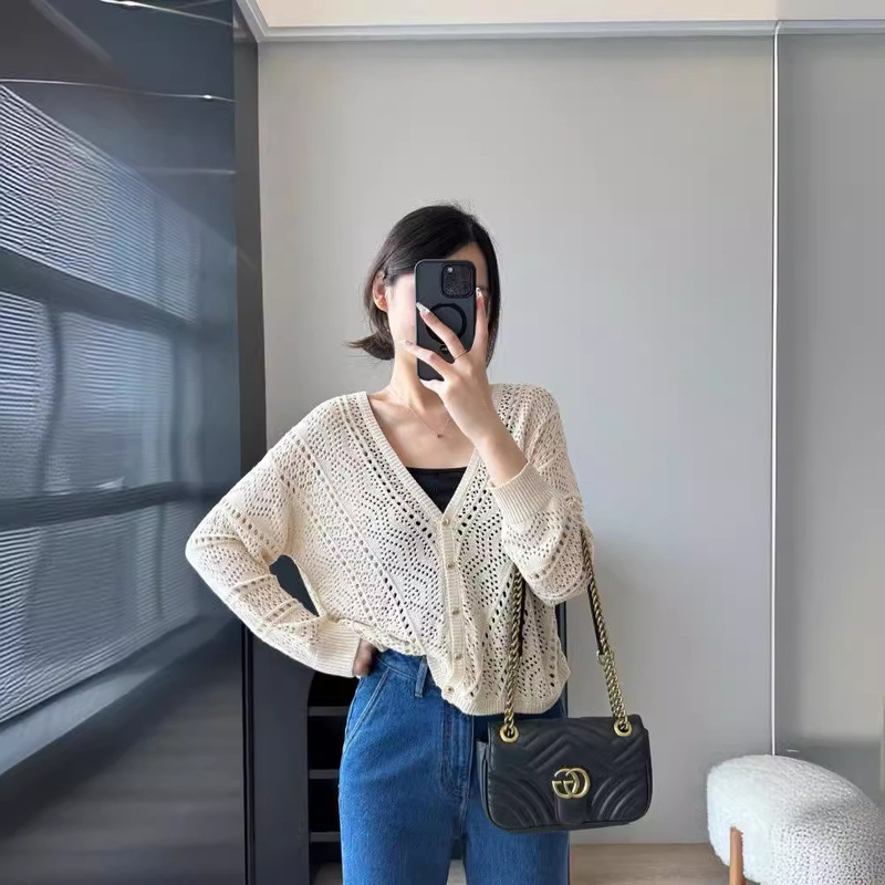 French Single B&s Cabinet 2.1K+! the Same Style as Zhou YUong! Hollow Loose Cotton Long-sleeved Knitted Cardigan Air-conditioned Shirt for Women