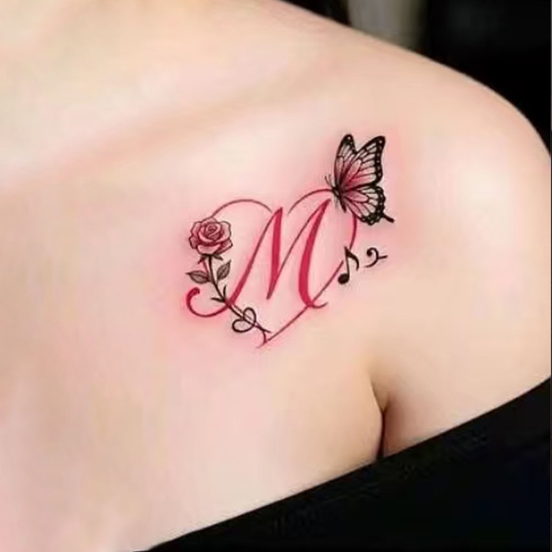 Colorful m Letter Tattoo Stickers with Rose, Butterfly, and Musical Note Designs, Waterproof, Sweat-Proof, Non-Reflective
