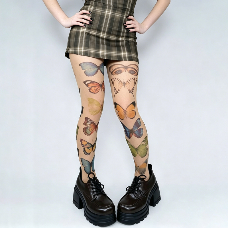 Cross-Border Plus-Size New Y2K Girl Butterfly Print Tights, Millennial Style Subculture Versatile Street Sexy Socks