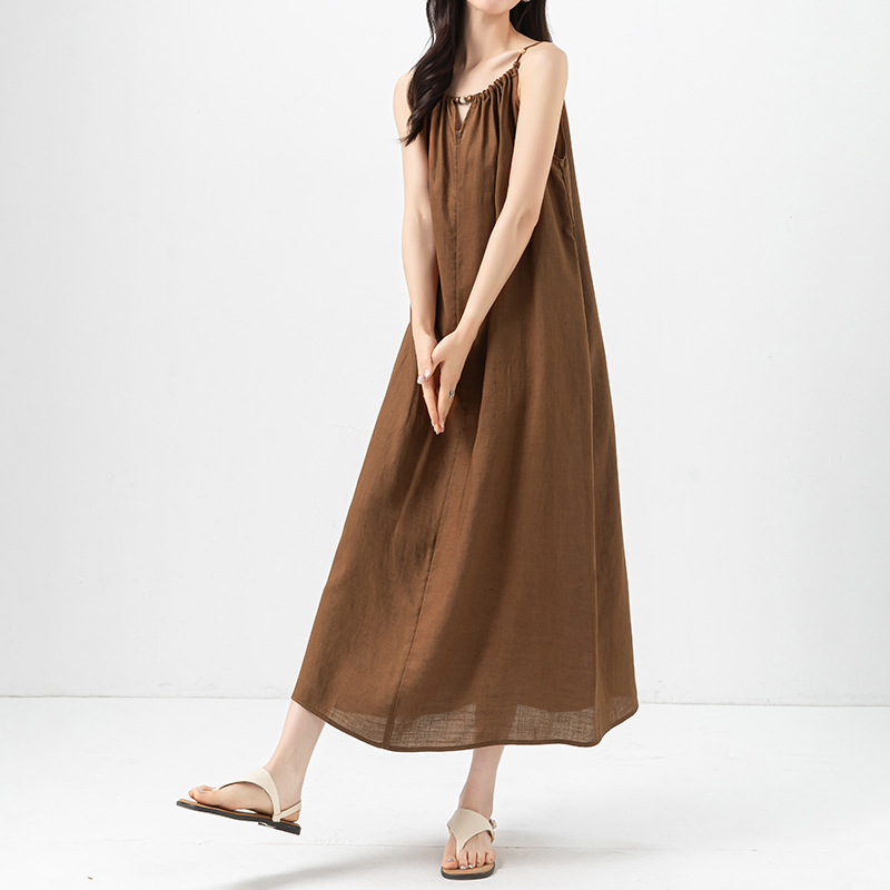 Xinge Holiday Style Beaded Sling dress Summer Thin Dummy Tencel Ramie Loose Slimming A- line Long Dress