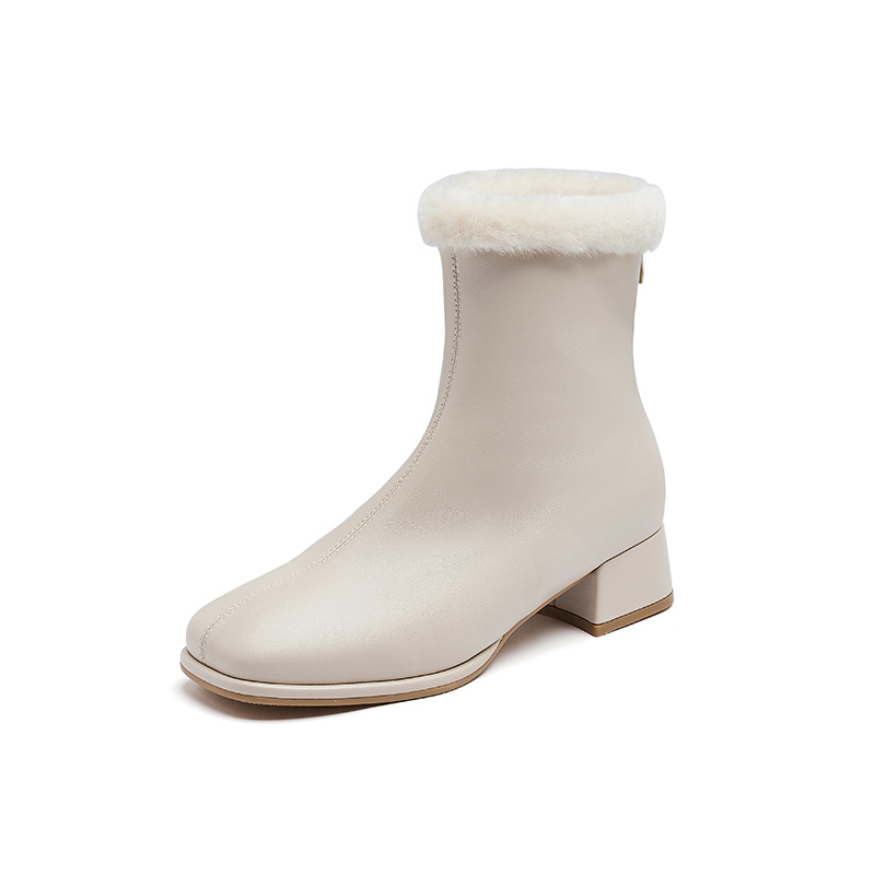 Botas cortas de invierno 2026 nuevas botas de algodón gruesas de lana cuadrada de tacón grueso francés botas delgadas