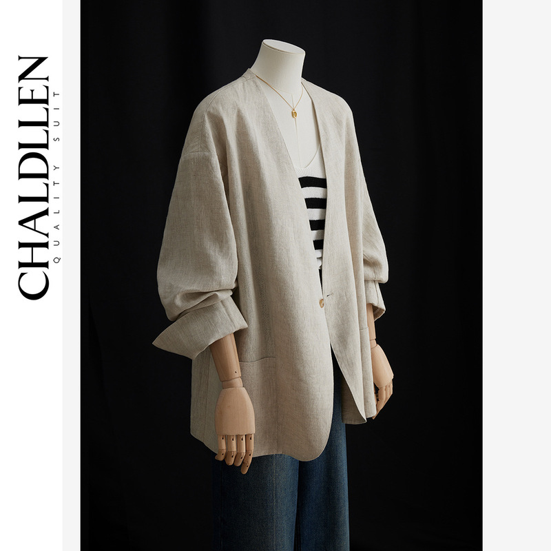 Charlene Fincantieri Linen Suit Jacket Women's Thin High-end Summer Top Collarless V-neck Loose