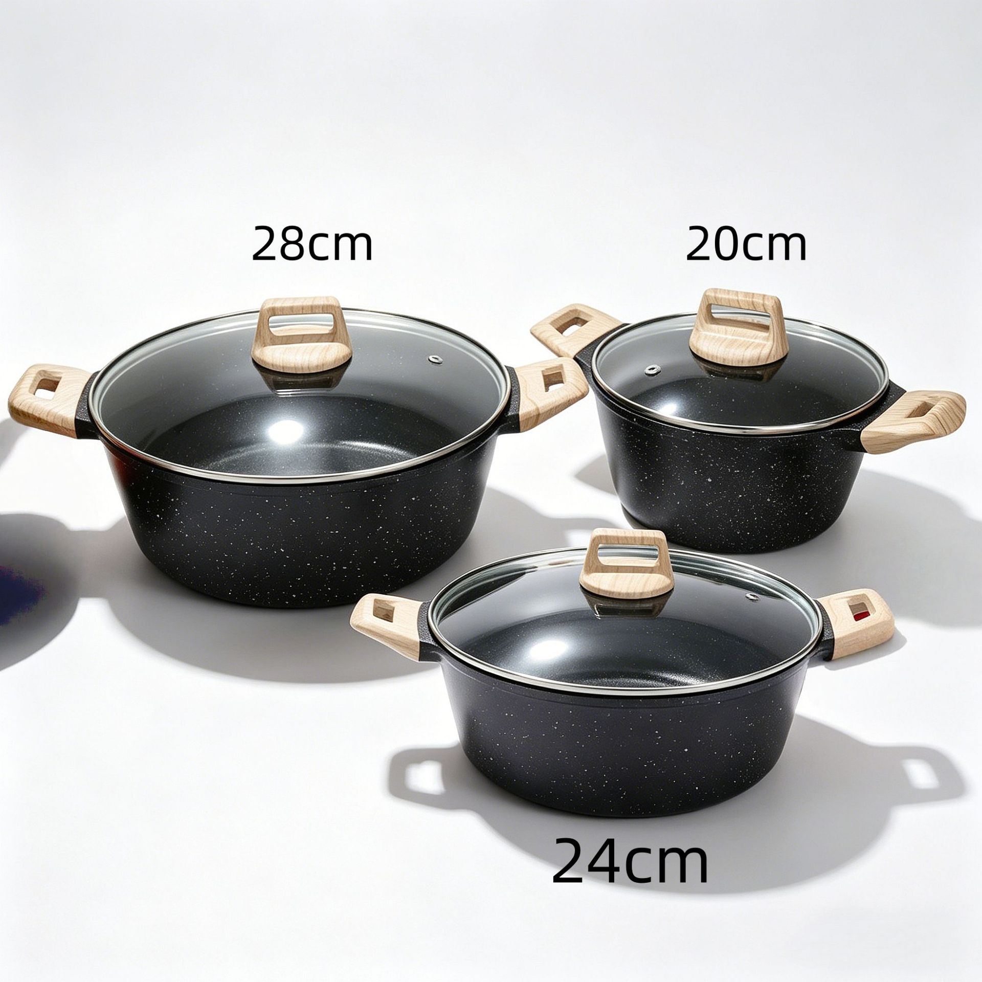 Ensemble 3 pièces noir (20-24-28CM+couvercle en verre)
