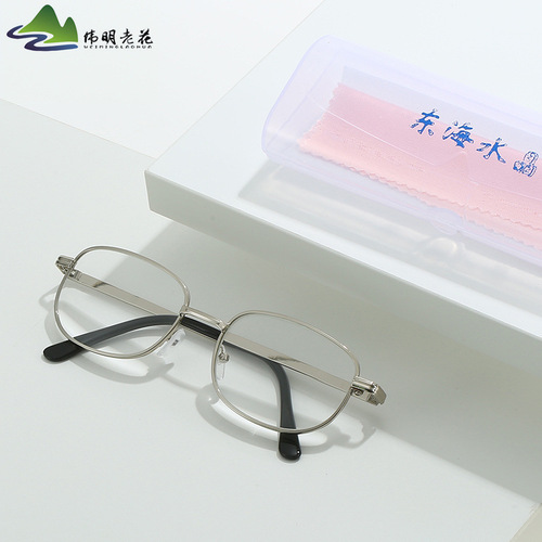 Folk Traditional Crystal Glass Metal Reading Glasses with Large Elliptical Silver Frames and Cases for Elderly Wholesale