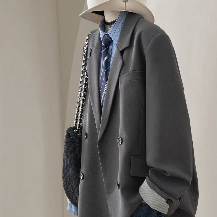 Plus Size Gray Loose Slim Suit for Women 2025 Spring New High Quality Cuff Design Retro Jacket