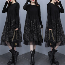 2025冬胖mm网纱重工刺绣拼接针织毛线打底裙加绒加厚长款连衣裙