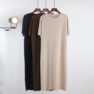 Wool Blended Knitted Dress Women's Short-Sleeved Loose 2025 Spring & Fall Long Over-The-Knee Elegant Wool Sweater Skirt