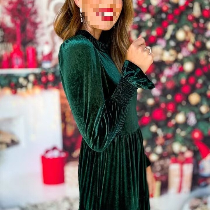 Cross-Border European and American Long Skirt 2025 New Style V Neck Velvet Loose Multi-Layered Ruffled Large Hem Large Size Dress Red