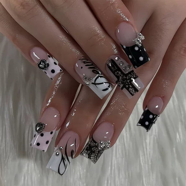 Cross-Border Hot-Selling Square French-Style Press-On Nails, Cool Dark Style Nail Art, Wholesale Fake Nails in Stock