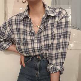 韩国chic早秋新款复古翻领宽松显瘦长袖格子衬衫男友风衬衣女