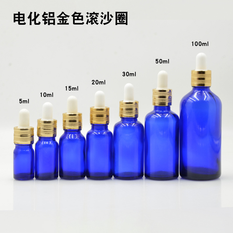 Botella vidrio azul 5 a 100ml con cuentagotas para aceites