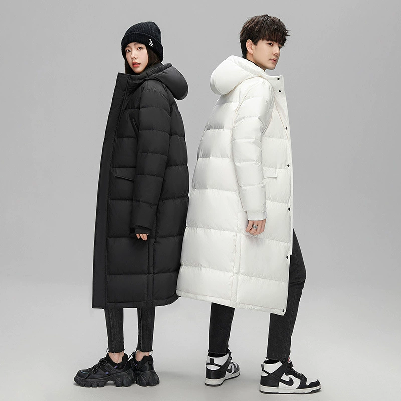 Трансграничные пуховики для мужчин и женщин с длинными коленными куртками с капюшоном