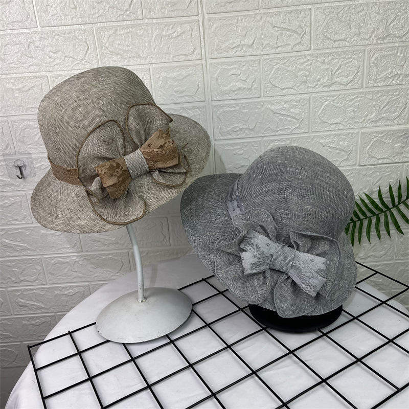 Sombrero femenino verano Lino moda sombrero de sol estilo occidental arco pescador sombrero casual protección solar sombrero de la madre sombrero retro cuenca