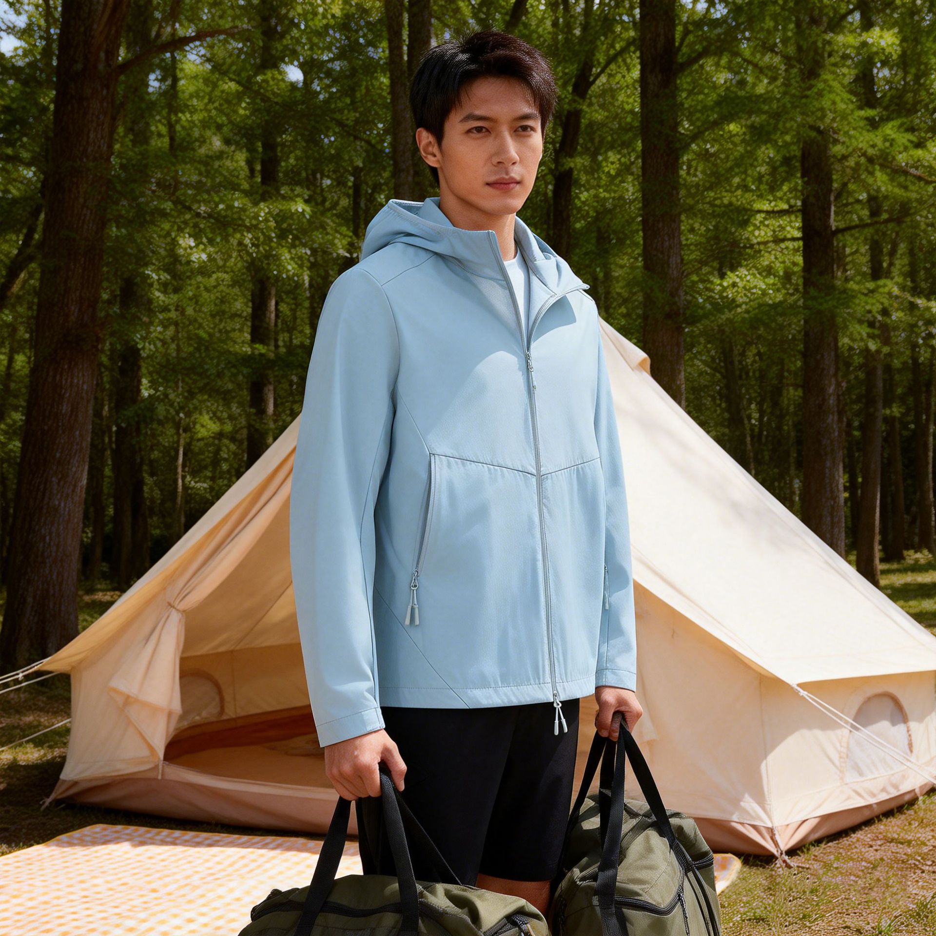 Spring and Summer Outdoor Windbreaker for Men, Windproof, Breathable, Sports Casual Hooded Fashion Elastic Skin Jacket, Cycling Hooded Jacket
