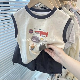 Boys and Girls Summer Children's Sleeveless Loose Colorful Cartoon Printed Vacation T-Shirt Korean Style Children's Casual Top