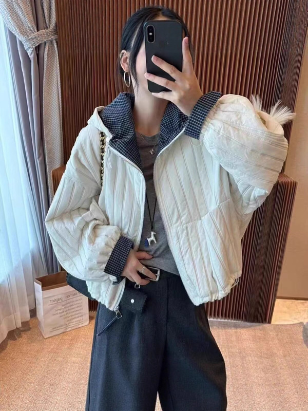 欧货撞色薄款连帽棉衣短外套女2025秋季新款宽松休闲棉服夹克上衣|undefined
