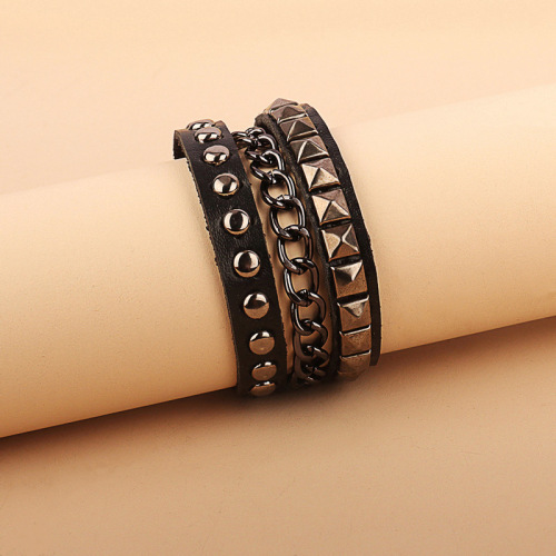 European and American cross-border punk gothic personality asymmetric chain leather bracelet square and round rivet multi-layer bracelet bracelet