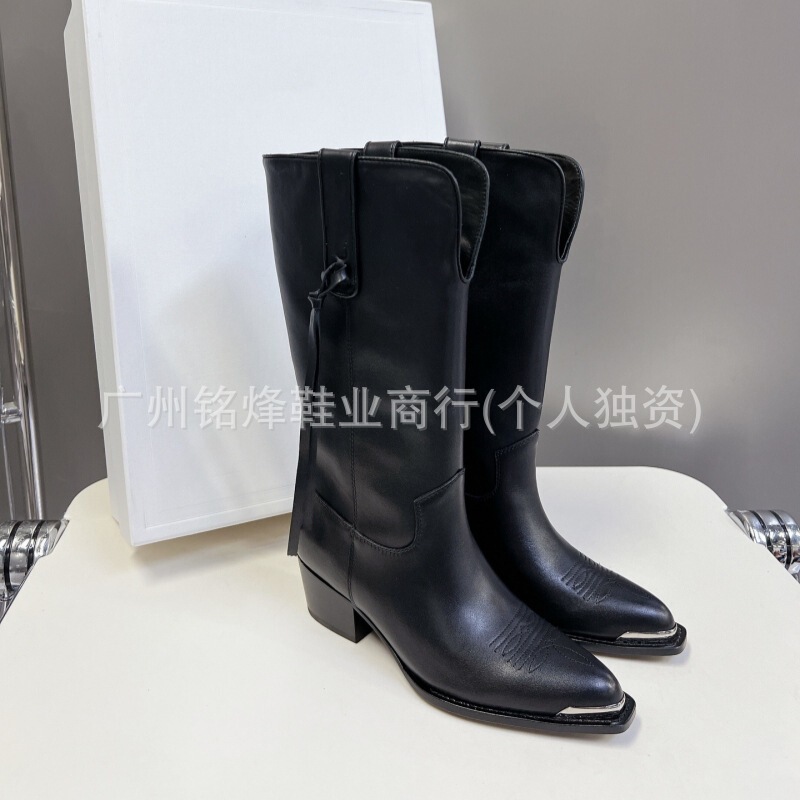 高定2025秋冬真皮金属尖头粗跟高跟流苏高筒西部靴牛仔靴骑士靴女|undefined