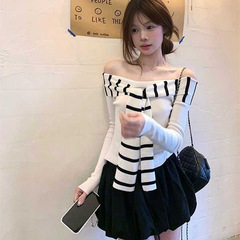 韩系条纹飘带拼接一字肩长袖针织女秋季2025新款修身收腰辣妹上衣