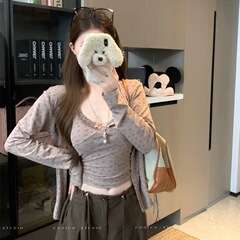 260克人棉甜辣妹套装木耳边碎花吊带背心女早秋短款长袖开衫上衣