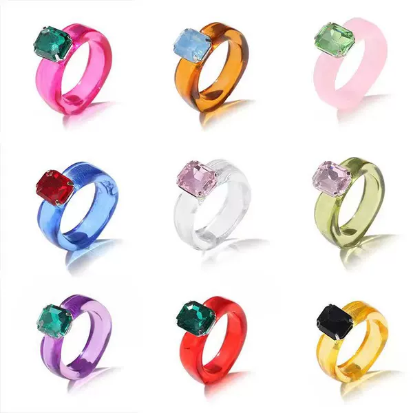 Colorful Resin Ring Acrylic Gemstone Ring Transparent Jelly Diamond Ring Jewelry Hand Accessory Women's Ring