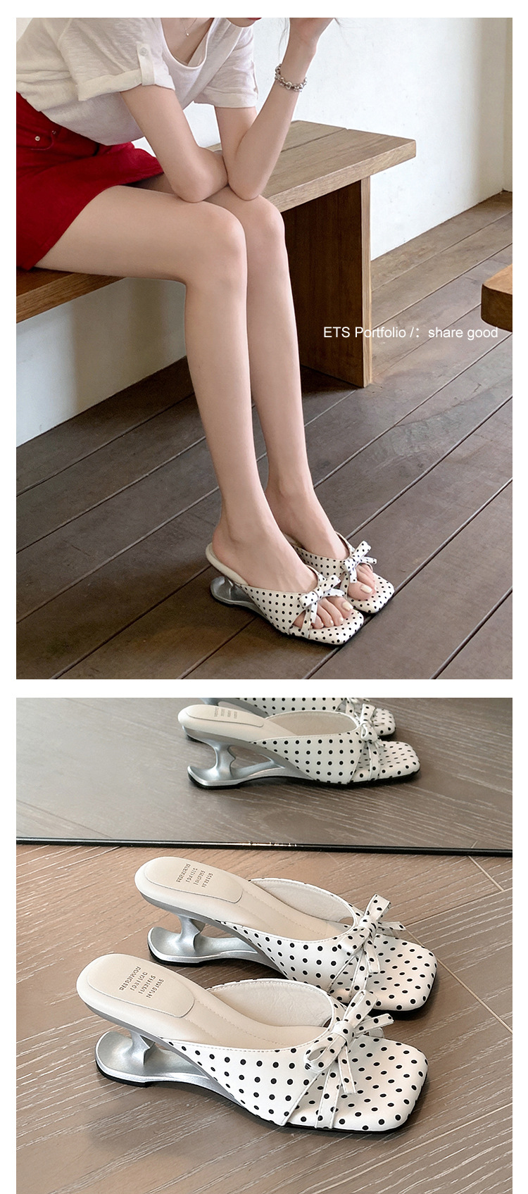 Sandal cao gót nữ mũi vuông hở ngón, đế xuồng chấm bi nơ bướm, gót 6 cm — màu đen, màu trắng ngà, màu mơ chi tiết 26