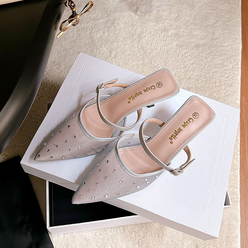 Sandalias de Tacón Delgado para Mujer 6cm de Malla con Pedrería Transpirable para Fiestas y Eventos