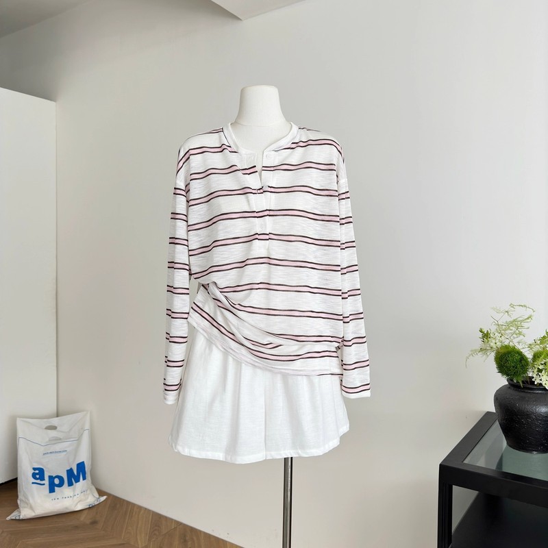 夏のリラックスしたルーズレイジーストライプ長袖日焼け止め服ハーフオープンカラーカジュアルトップ女性の快適な大きいバージョン Tシャツ|undefined