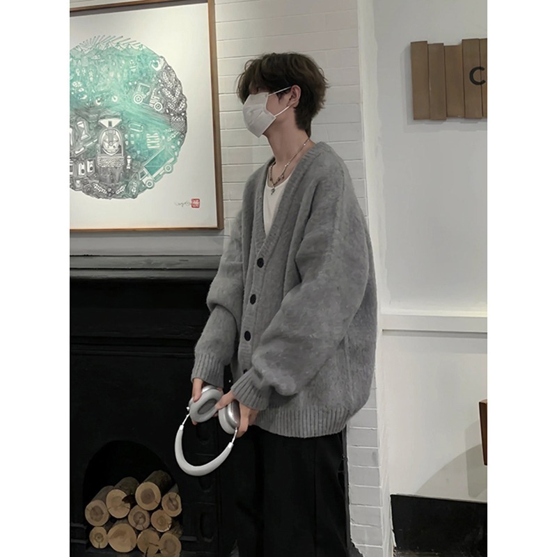 针织开衫外套男春秋美式男装v领毛衣灰色慵懒风男生上衣韩系风格|undefined