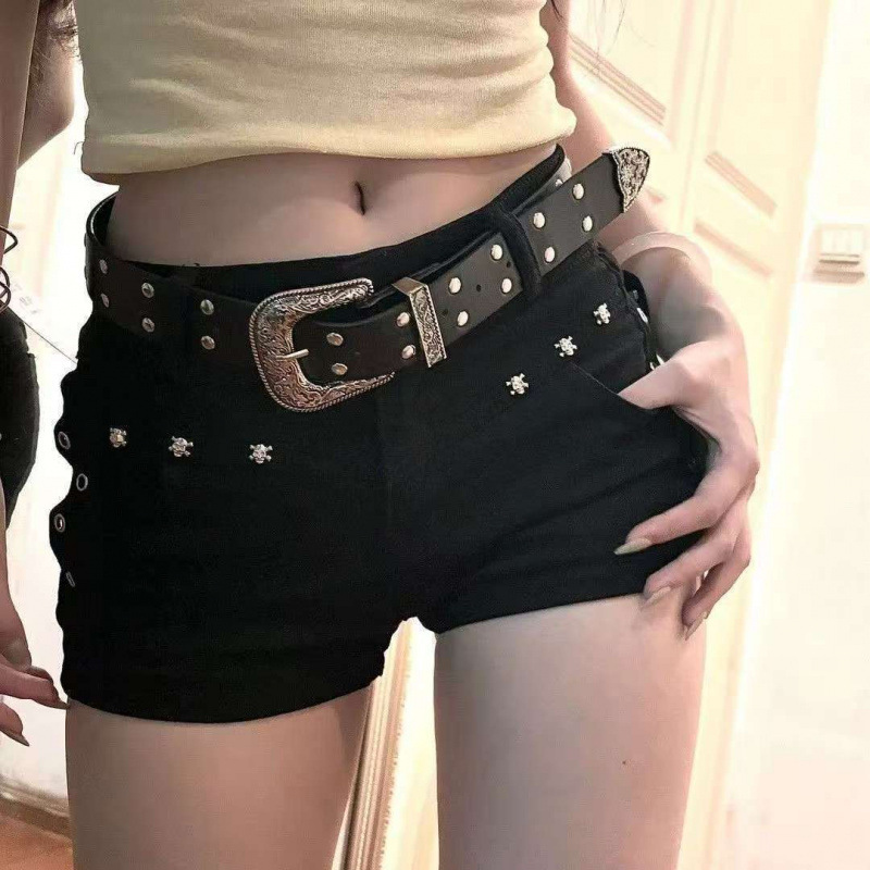 Cross-Border American-Style Spicy Girl Dark Skinny Black Pants with Rivet Design, Ultra-Short Denim Shorts for Women, Low-Waist Slimming Hot Pants