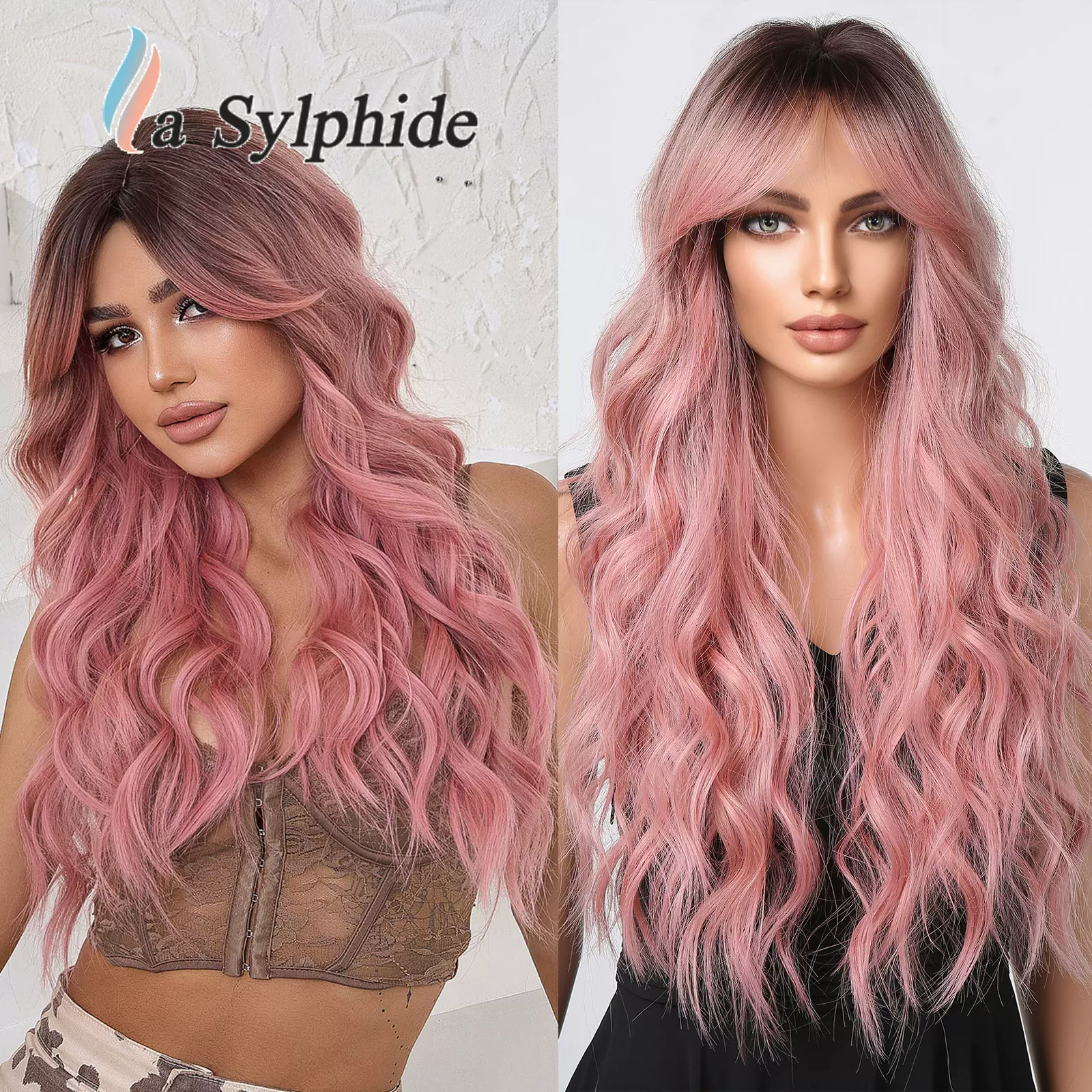 假发粉色灰金八字刘海长卷发Tik Tok新品欧美玫瑰网哑光高温丝Wig