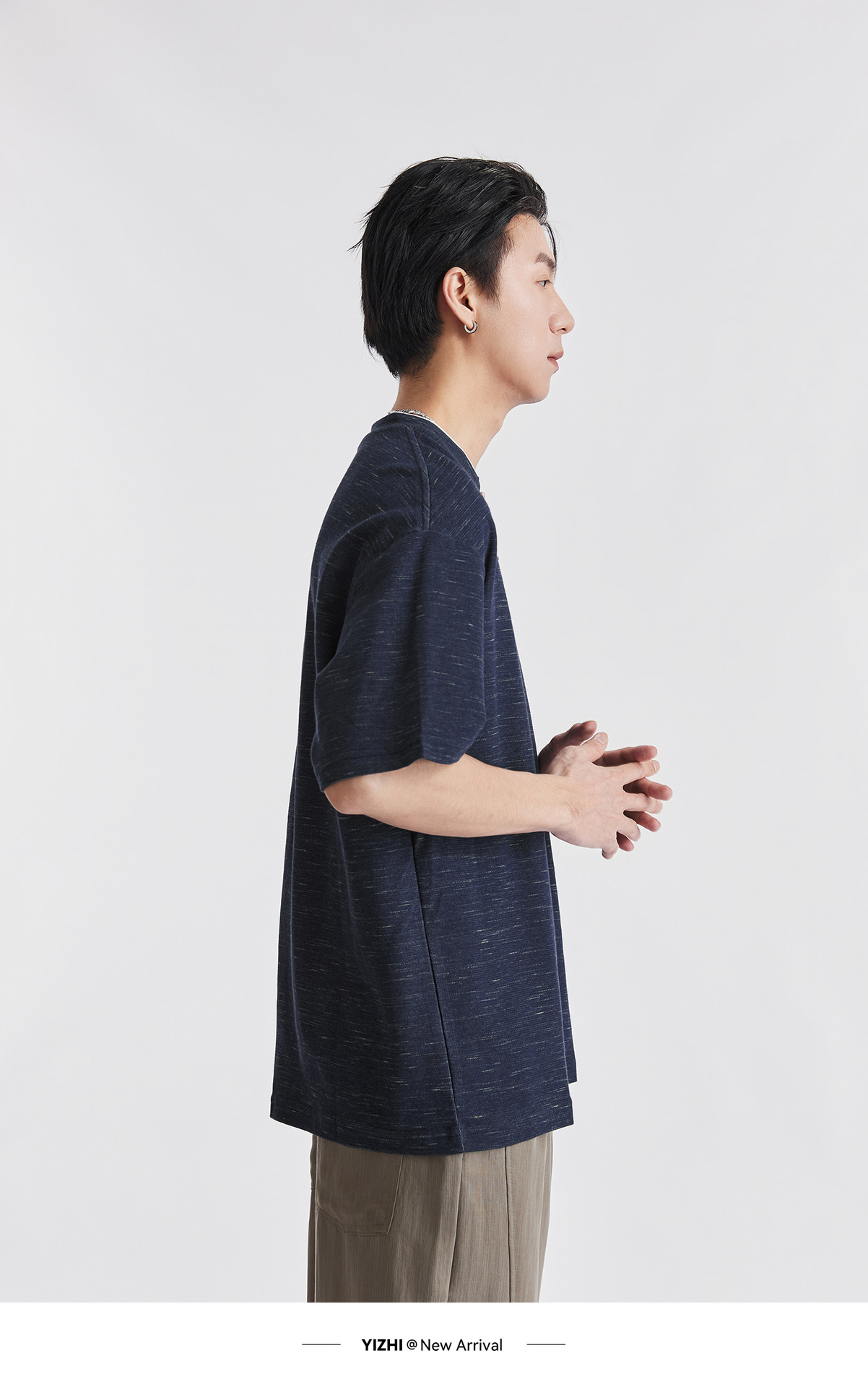 Áo thun nam cổ Henry tay ngắn chất liệu Lyocell phối sợi, dáng rộng phong cách giả hai lớp — Màu xanh da trời chi tiết 21