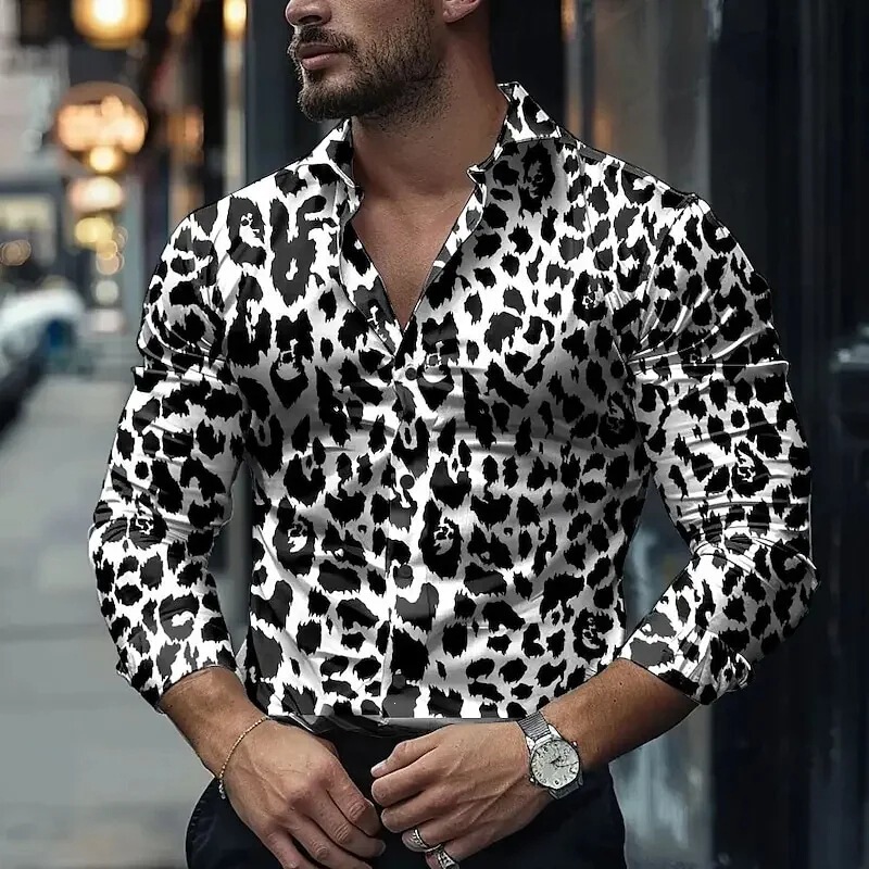 Source Factory Men's Leopard Print Long-Sleeved Shirt, Cross-Border E-Commerce Hot-Selling Slim-Fit Collared Shirt, Available for Mixed Batch Orders
