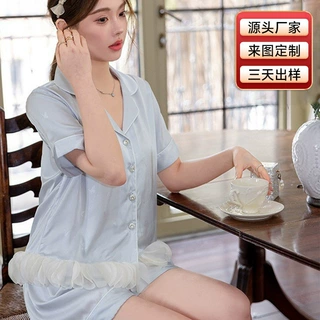严选冰丝睡衣女夏季薄款甜美风荷叶边短袖套装高级感可外穿家居服