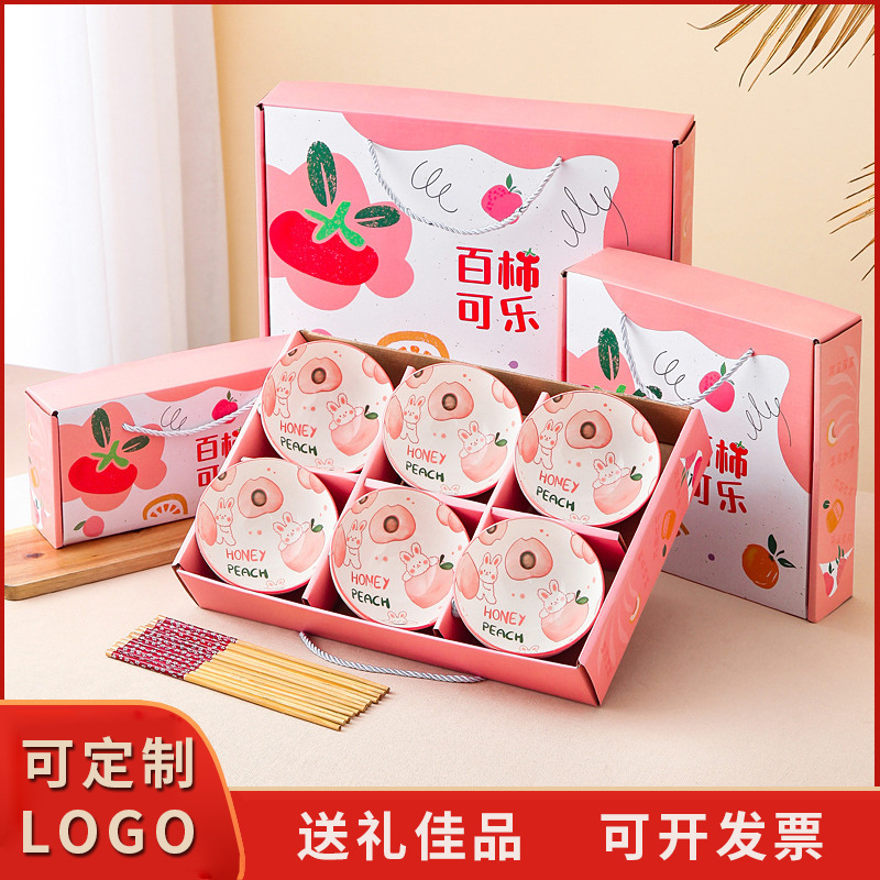 Pink peach rabbit gift bowl chopsticks set tableware ceramic bowl gift box opening activities gift wholesale can add LOGO