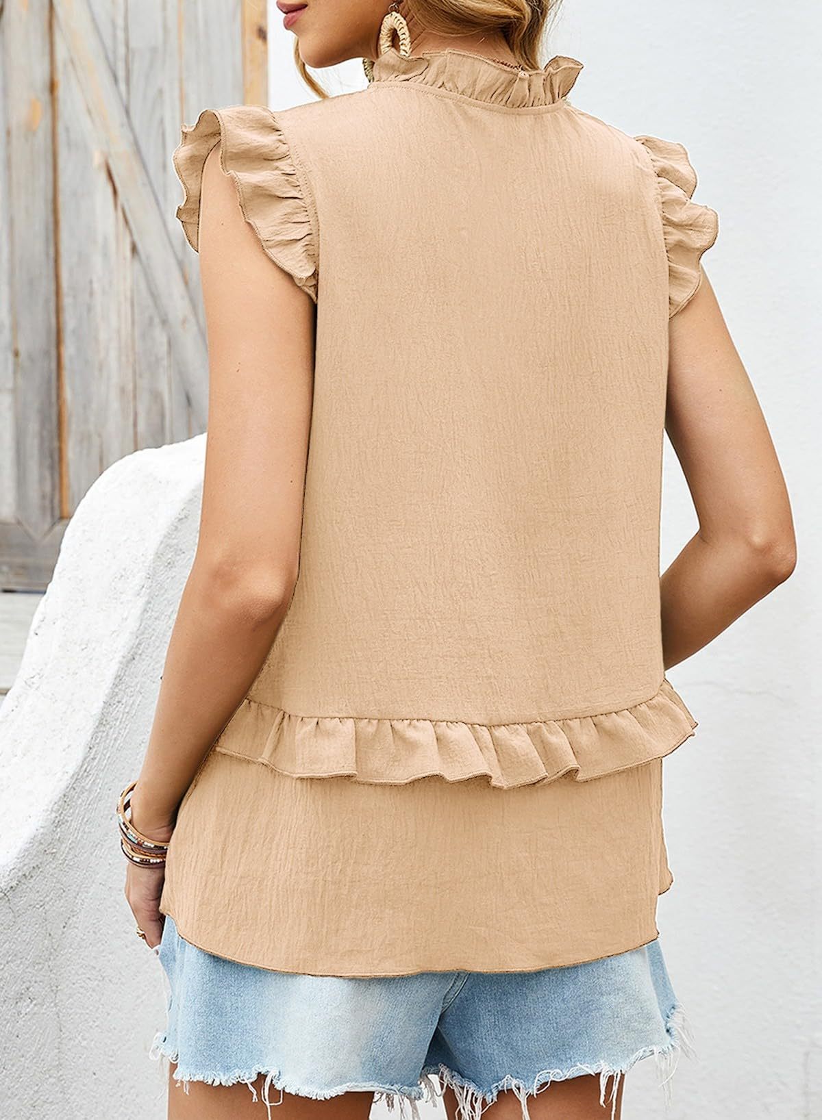 Women's Sleeveless V-Neck Blouse With Ruffle Trim, Flowy Relaxed Fit Casual Shirt For Summer ​Versatile And Easy To Wear_ecoleips.com