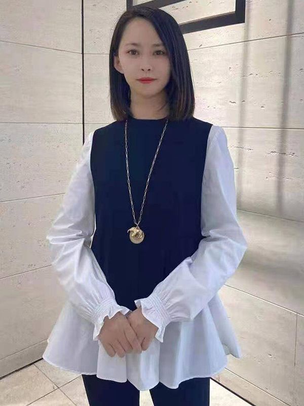 Bộ áo sơ mi tay dài cổ tròn dáng xòe và áo gile len đen hai mảnh — Áo sơ mi trắng (1300701)