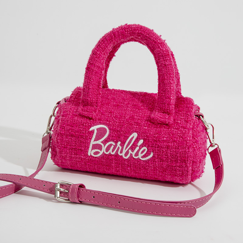 Niche Design with a High-End Feel, Chanel-Style Cylindrical Bag, Handbag and Crossbody Bag, Pink Barbie Woolen Boston Pillow Bag Niche Design with a High-End Feel, Chanel-Style Cylindrical Bag, Handbag and Crossbody Bag, Pink Barbie Woolen Boston Pillow Bag