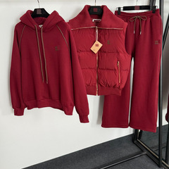 新款三件套立体logo字母棉服马甲外套+连帽加绒卫衣+直筒休闲长裤