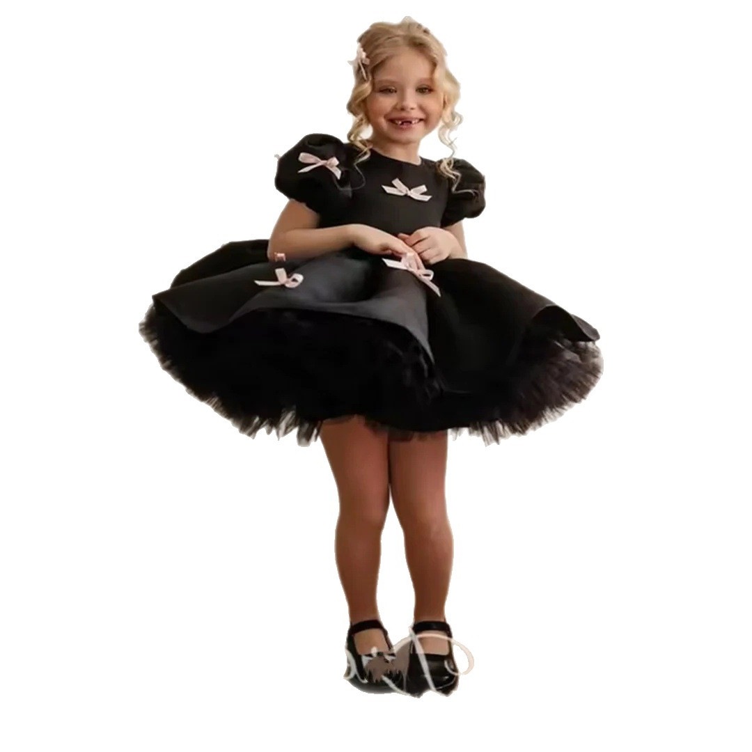 Black Retro Princess Dress For Girls Bow Design Children's Fashion Show Flower Girl Piano Performance Dress_voghion.com