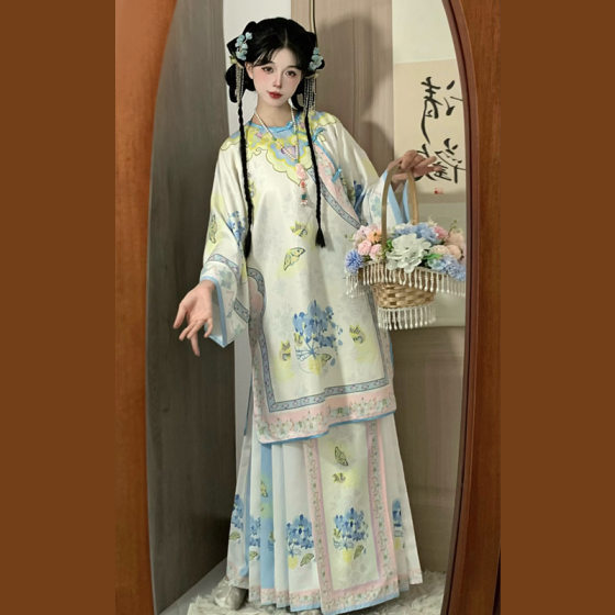 Original Hanfu Heavy Industry Restoration Qinghan Women's Printed Qinghan Gege Horse Face Group Round Neck Slant Placket Autumn and Winter suit