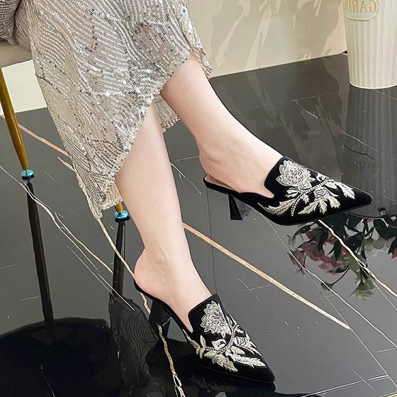 Pointed Toe Semi-high Heels 2025 Summer New French Style New Chinese Style Heavy Embroidery Light Luxury Embroidered Mule Shoes Women